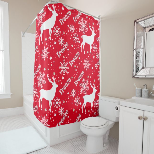 snowflakes deer red shower curtain (In Situ)
