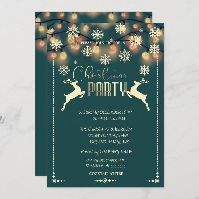 Snowflakes, Deers,Lights Company Christmas Party Invitation (Front/Back)