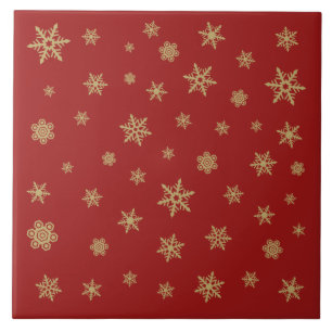 Snowflakes Design Gold on Red Ceramic Tile