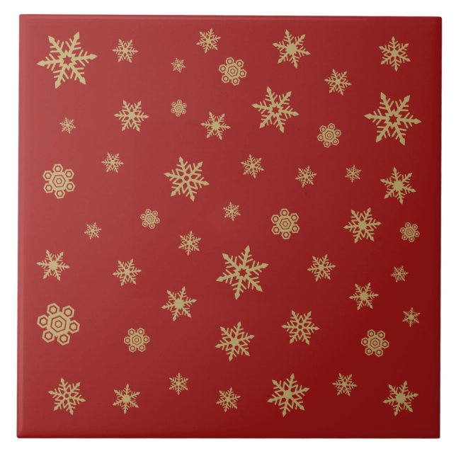 Snowflakes Design Gold on Red Ceramic Tile (Front)