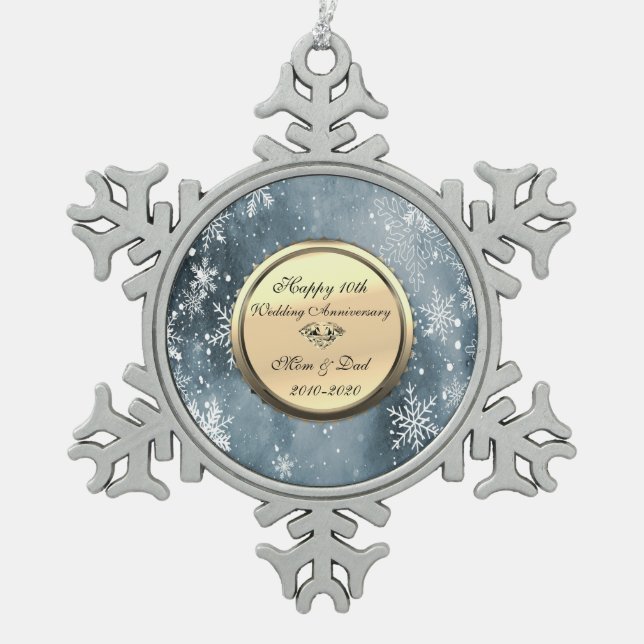 Snowflakes  Diamond 10th Wedding Anniversary Snowflake Pewter Christmas Ornament (Front)