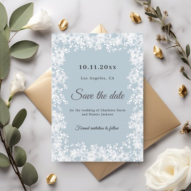Snowflakes dusty blue winter wedding save the date (Creator Uploaded)