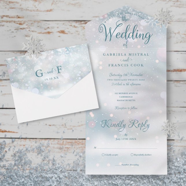Snowflakes Elegant Script Winter Wedding All In One Invitation (Creator Uploaded)