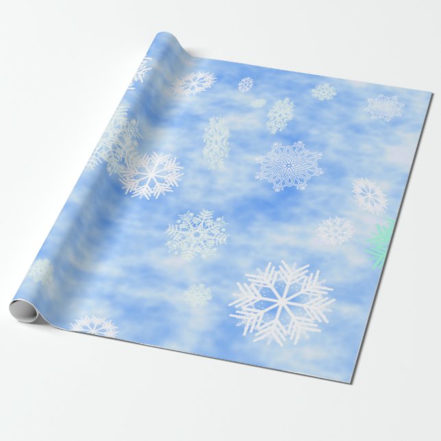Snowflakes Fall Blue Wrapping Paper (Unrolled)