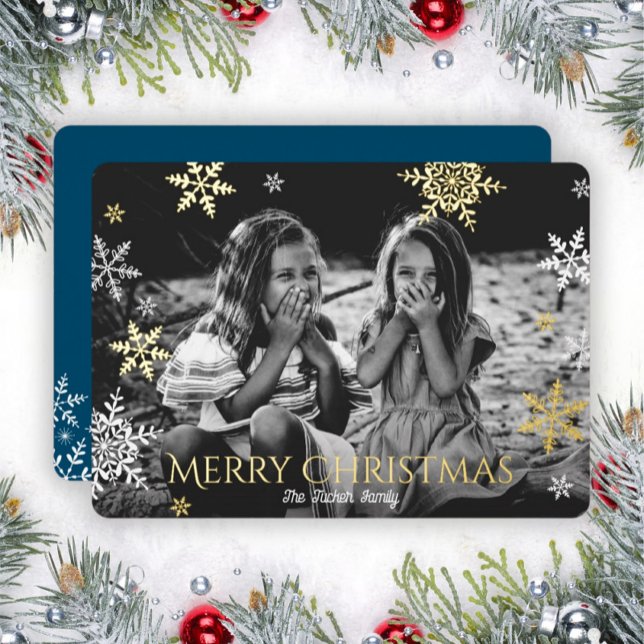 Snowflakes Falling Full Photo Blue Christmas Gold Foil Holiday Card (Creator Uploaded)
