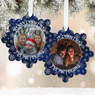 Snowflakes Family Photo Blue Paper Ornament Card