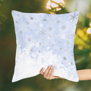 Snowflakes Faux Metal on Baby Blue Pastel Elegant Cushion