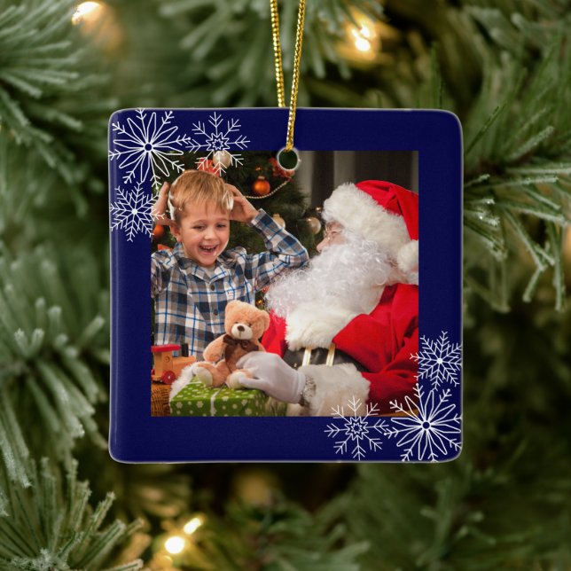 Snowflakes Frame Photo Ceramic Ornament (Tree)