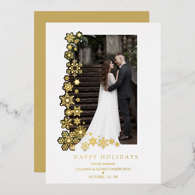 Snowflakes Frame Photo First Christmas Newlyweds  Foil Holiday Card (Front/Back)