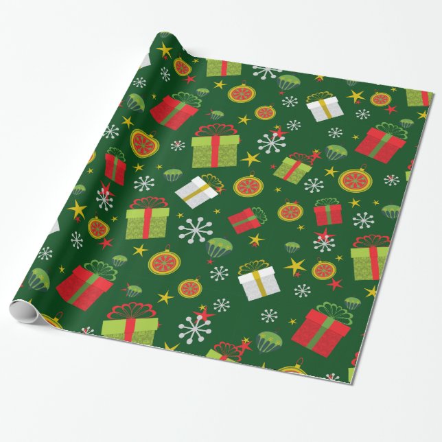 Snowflakes Gift box Cupcakes Stars Green Christmas Wrapping Paper (Unrolled)