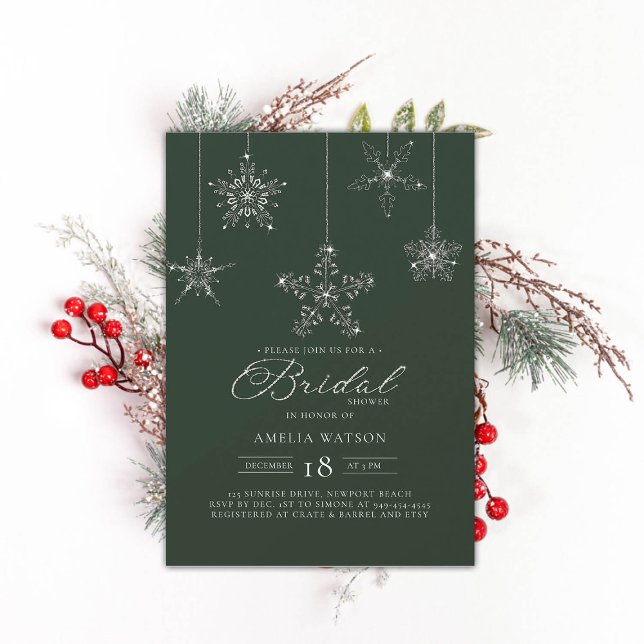 Snowflakes Glitter Chic Green Winter Bridal Shower Invitation (rhinestones bridal shower invitation glitter snowflakes dark sage green modern festive classy bling )