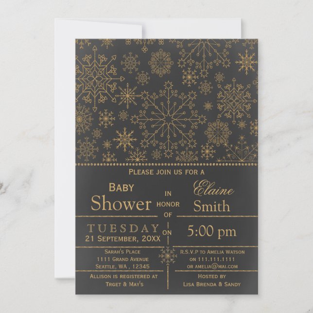 Snowflakes glitter gold Winter Baby shower Invite (Front)