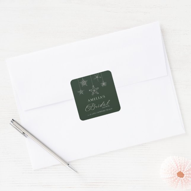 Snowflakes Glitter Green Winter Bridal Shower  Square Sticker (Envelope)