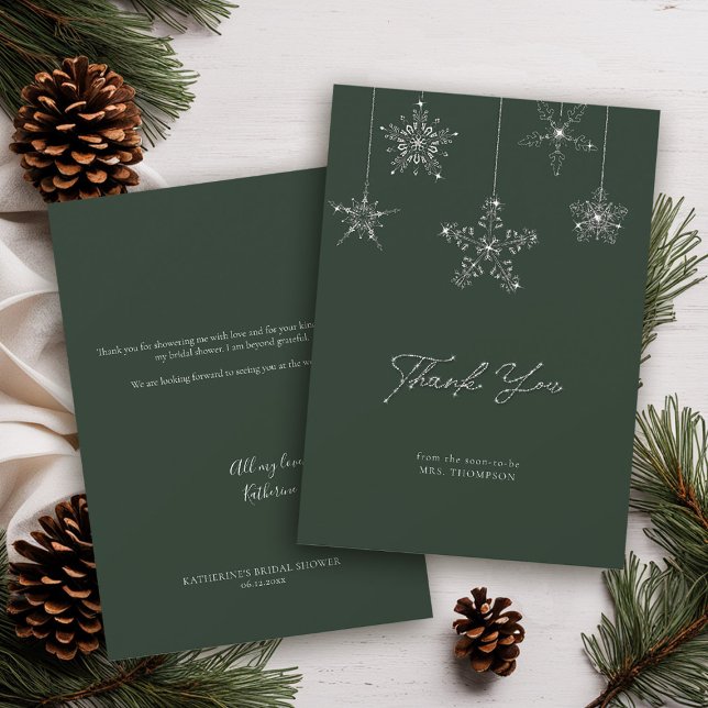 Snowflakes Glitter Green Winter Bridal Thank You (winter bridal shower thank you card sage green glitter snowflakes elegant script classy chic)