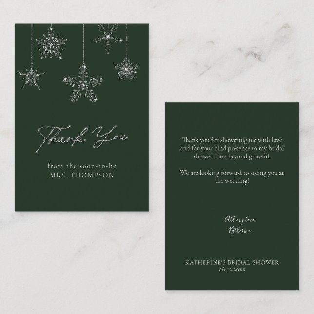 Snowflakes Glitter Green Winter Bridal Thank You Card (Front/Back)