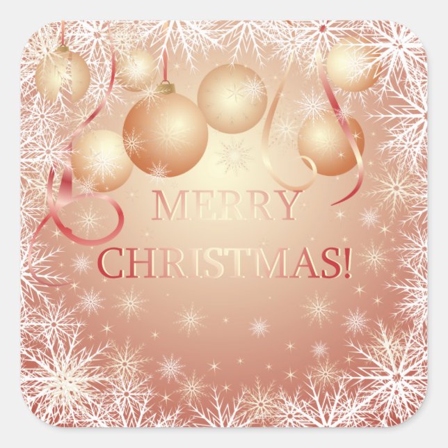 Snowflakes & Golden Christmas Balls on Peach Square Sticker (Front)