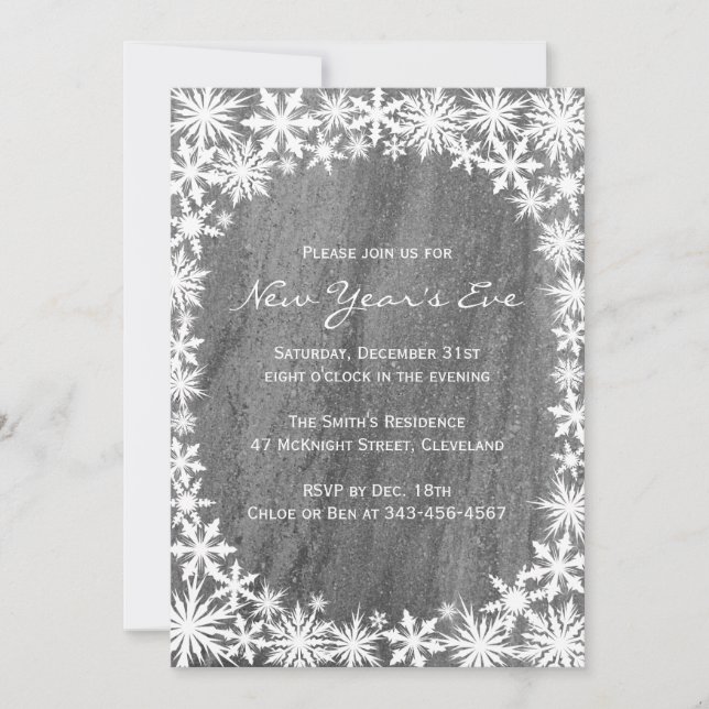 Snowflakes & Granite New Year's Eve Invitation (Front)