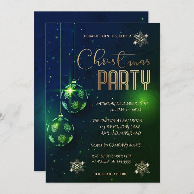 Snowflakes Green Balls Christmas Corporated  Invitation (Front/Back)