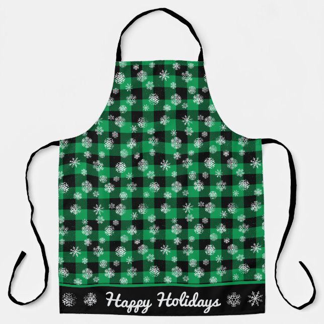Snowflakes Green Buffalo Plaid Apron (Front)