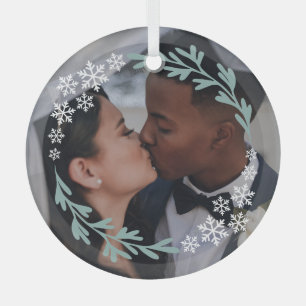 Snowflakes & Greenery Wreath Your Photo Glass Tree Decoration