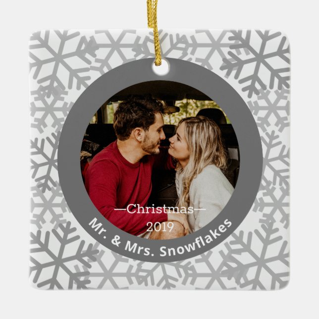 Snowflakes Grey Photo Christmas Ornament (Front)