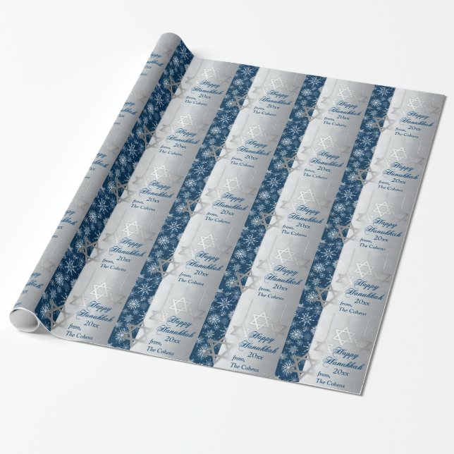 Snowflakes Happy Hanukkah Wrapping Paper (Unrolled)