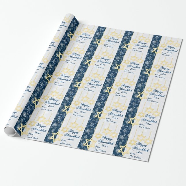 Snowflakes Happy Hanukkah Wrapping Paper (Unrolled)