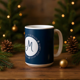 Snowflakes Happy Holidays Blue Monogram Coffee Mug