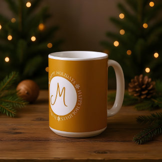 Snowflakes Happy Holidays Golden Yellow Monogram Coffee Mug