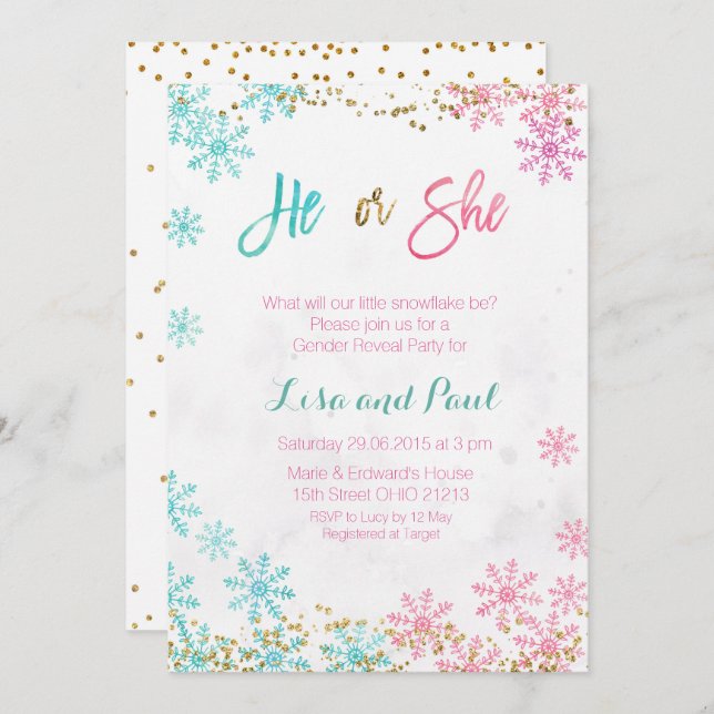 Snowflakes he or she gender reveal invitation (Front/Back)