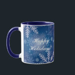 Snowflakes in Blue Mug<br><div class="desc">White and navy 11 oz. combo mug with an image of snowflakes on dark blue and a Optional holiday sentiment. See matching candy jar,  paper plate,  square ceramic tile and coasters. See the entire Hanukkah Mug collection under the HOME category in the HOLIDAYS section.</div>
