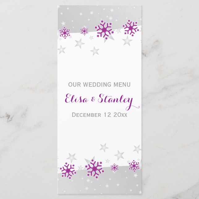 Snowflakes in purple & grey stars wedding menu (Front)