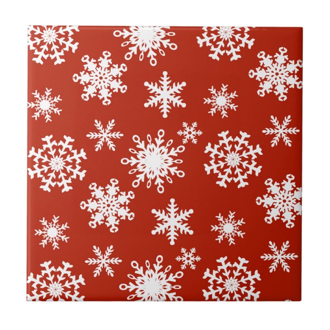 Snowflakes in white on red background ceramic tile (Front)