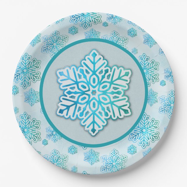 Snowflakes Iridescent Blue  Paper Plate (Front)