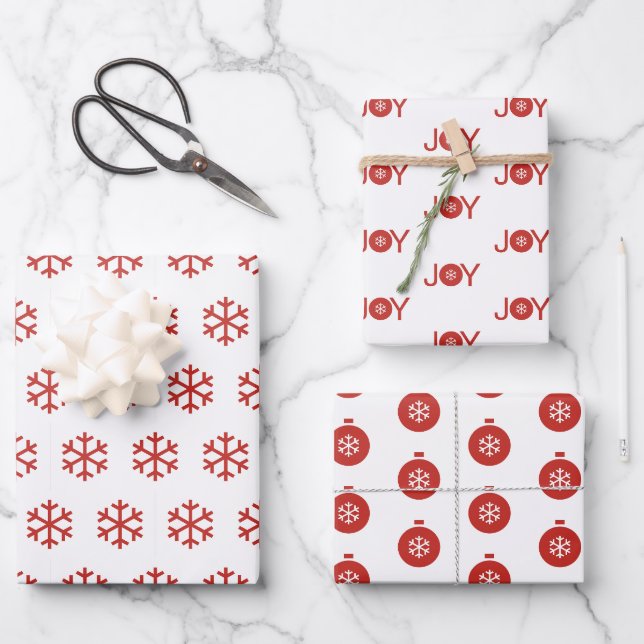 Snowflakes, Joy and Christmas Balls Pattern Wrapping Paper Sheet (Front)