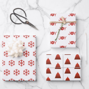 Snowflakes, Joy and Christmas Tree Pattern Wrapping Paper Sheet