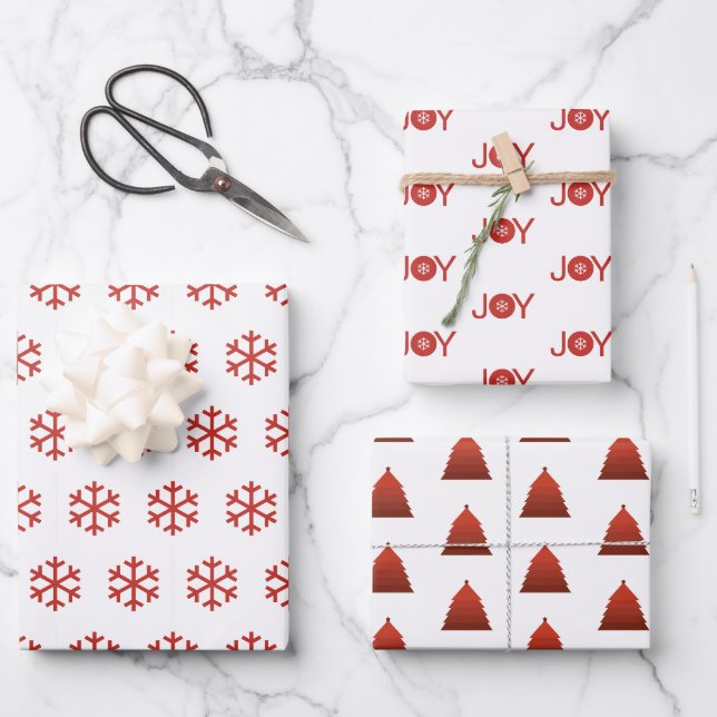 Snowflakes, Joy and Christmas Tree Pattern Wrapping Paper Sheet (Front)