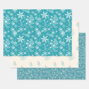 Snowflakes, leaves, buds, trees, teal, Christmas Wrapping Paper Sheet
