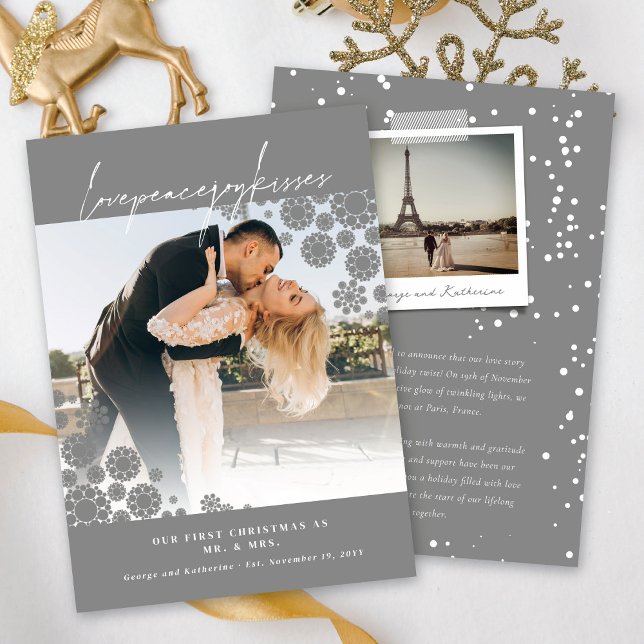 Snowflakes Love Peace Joy Kisses Photo Wedding Holiday Card (Creator Uploaded)