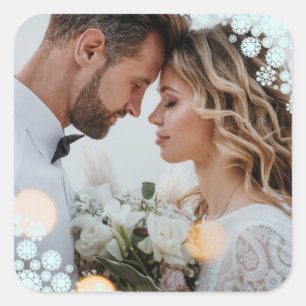 Snowflakes Love Peace Joy Kisses Photo Wedding Square Sticker