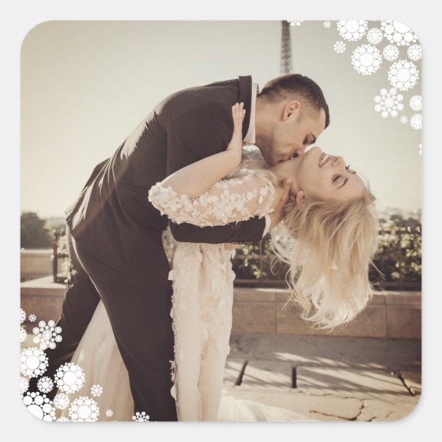 Snowflakes Love Peace Joy Kisses Photo Wedding Square Sticker (Front)