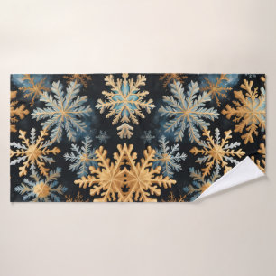  Snowflakes Magic Christmas Black Gold Blue Bath Towel Set