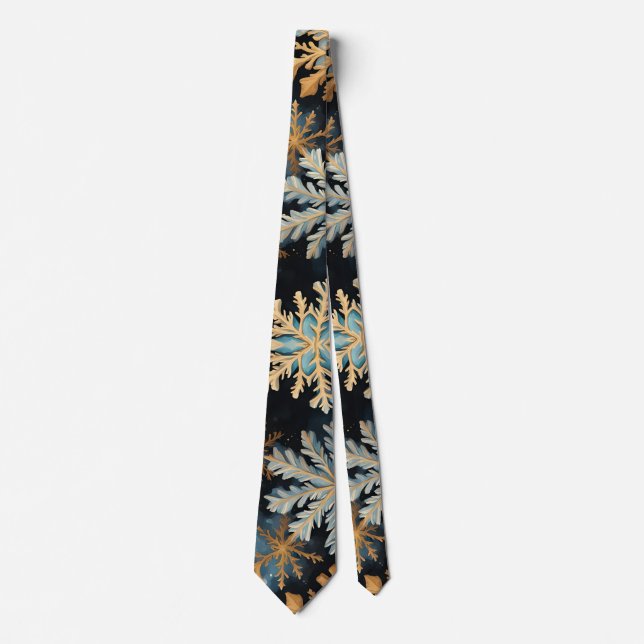  Snowflakes Magic Christmas Black Gold Blue Tie (Front)