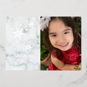 Snowflakes Marble Merry Christmas Photo Pressed   Foil Holiday Card