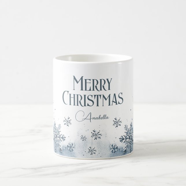 Snowflakes Merry Christmas Custom Name Blue Coffee Mug (Center)