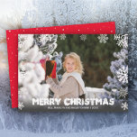 Snowflakes Merry Christmas Photo Holiday Card<br><div class="desc">White snowflakes border your favorite photo with your names and greeting in chic lettering. *CHANGE THE COLOR on the back of the card to match your photo. Select Matte for heaviest paper and High Definition for best photo quality.</div>