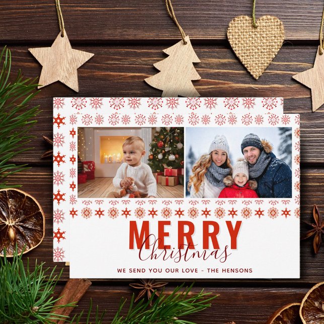 Snowflakes Merry Christmas Script Family 2 Photo Holiday Card (Creator Uploaded)