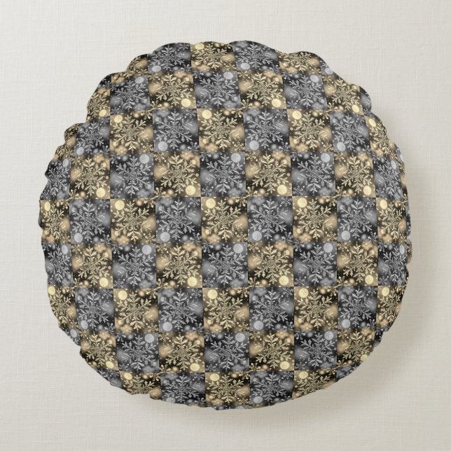 Snowflakes / Moon / Silver - Gold / Round Cushion (Front)