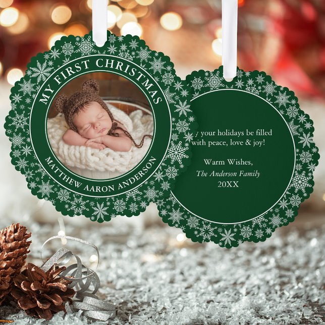 Snowflakes My First Christmas Photo Green Tree Decoration Card (A greeting card that is also an ornament! Customize with your photo and personalized text.)