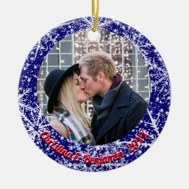 Snowflakes, name, Year's #, 2 Photos Ceramic Ornament (Front)